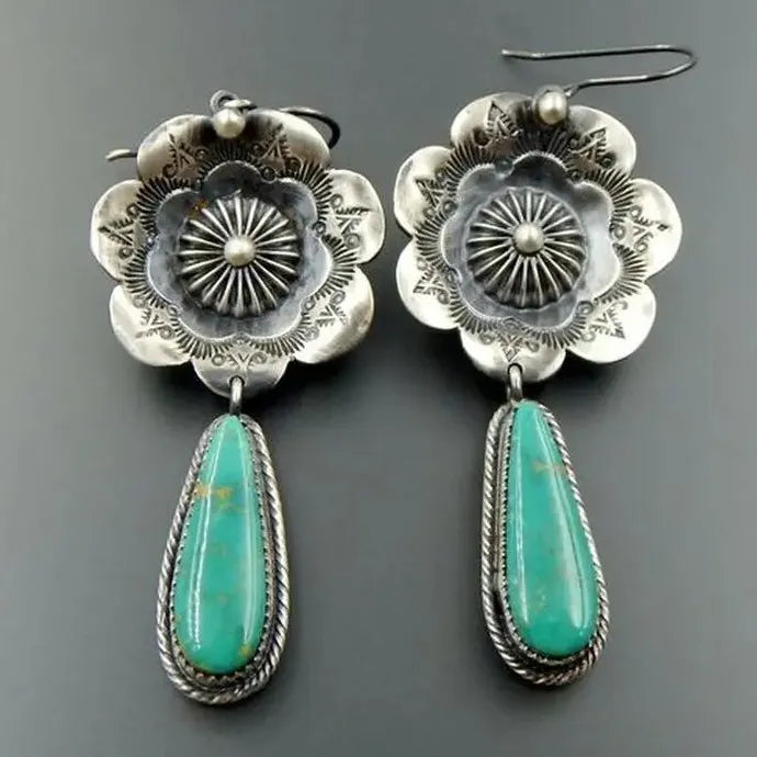 Vintage Indian Tribe Green Resin Drop Earrings Bohemian Natural Stone Jewelry