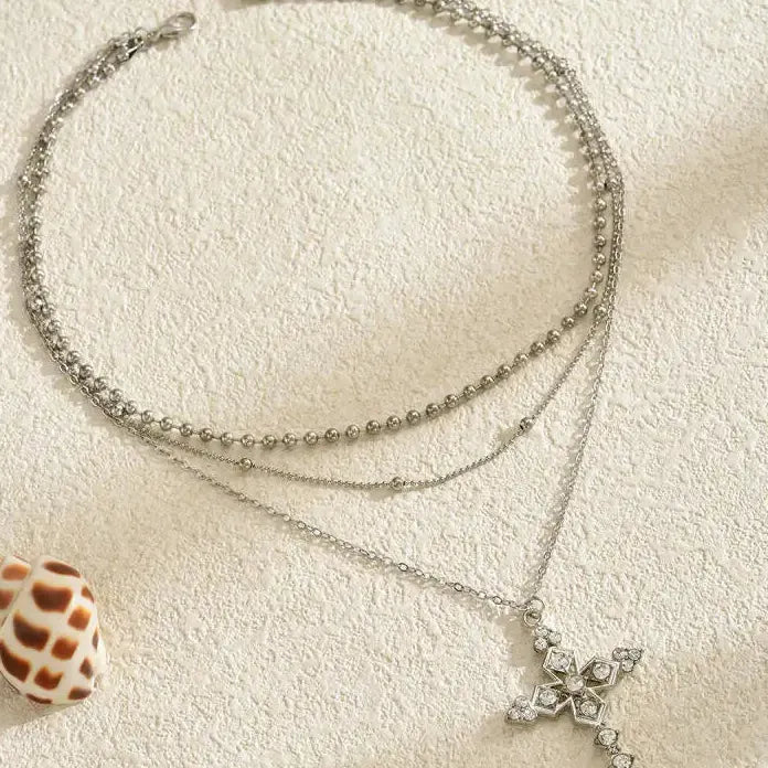 Neo-Gothic Rhinestone Cross Pendant Necklace Punk Choker for Women