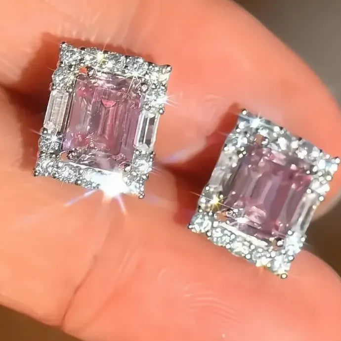 Pink CZ Geometric Copper Alloy Stud Earrings Elegant Women’s Jewelry