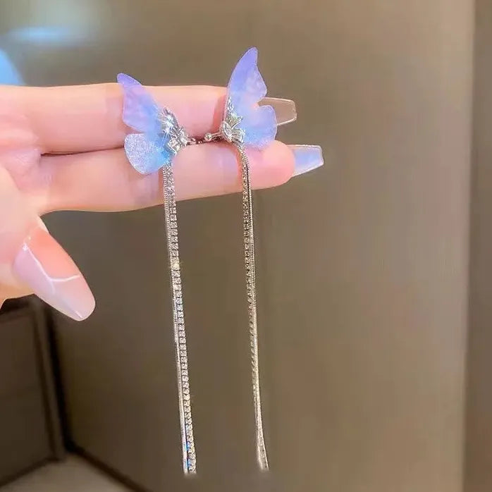 Blue Tulle Butterfly Clip-On Earrings for Women No Piercing Fashion Jewelry