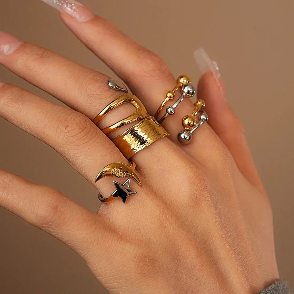 Stainless Steel Irregular Geometric Star Sun Open Ring for Women Punk Jewelry