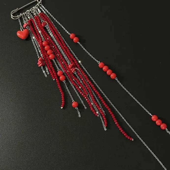 Red Crystal Heart Brooch with Tassel Chain Pendant Jewelry for Women Men