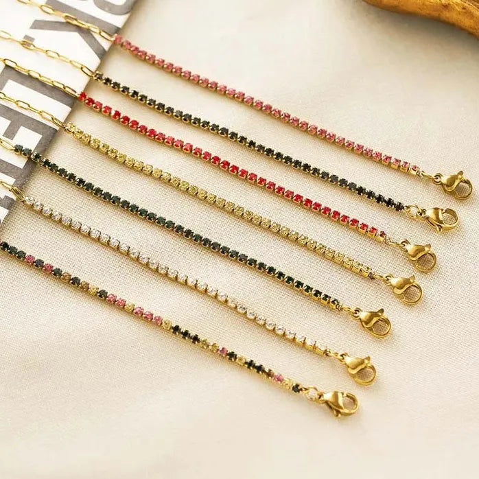 Luxury Colorful Cubic Zirconia Tennis Bracelet Women Stainless Steel Gold Chain Jewelry Gift