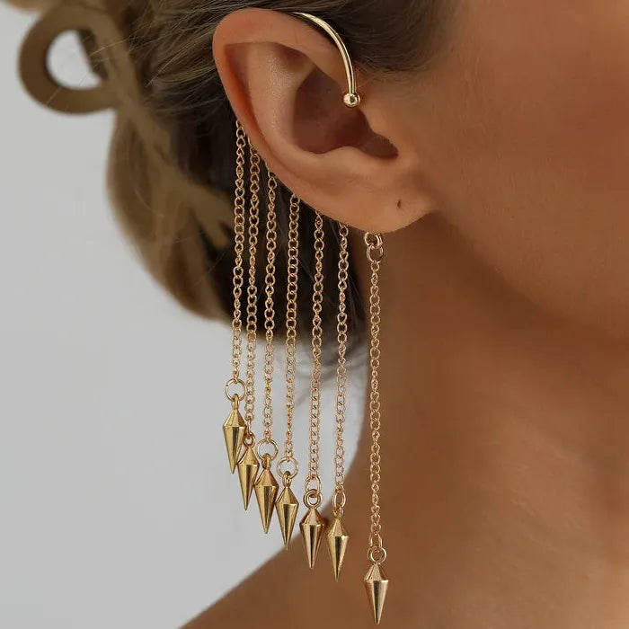 Adjustable Metal Rivet Tassel Clip-On Earrings for Women Hip-Hop Punk Jewelry