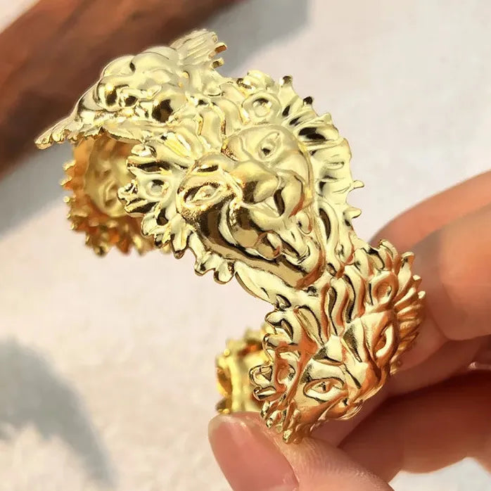 Gold Plated Stainless Steel Punk Sun Lion Geometric Cuff Bracelet Unisex