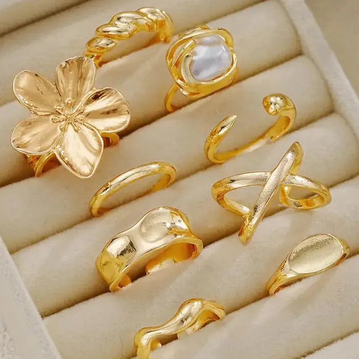 9Pcs Gold Irregular Bohemian Metal Rings for Women Holiday Jewelry Set Vintage Gothic Y2K