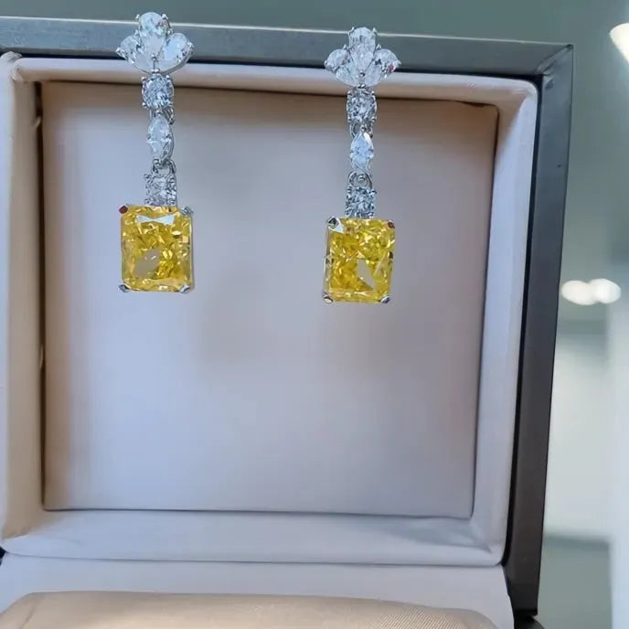 Bright Yellow Cubic Zirconia Drop Earrings for Women Wedding Party Elegant Jewelry