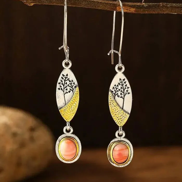 Silver Rose Gold Oval Tree Geometry Long Dangle Earrings for Women Zinc Alloy Jewelry