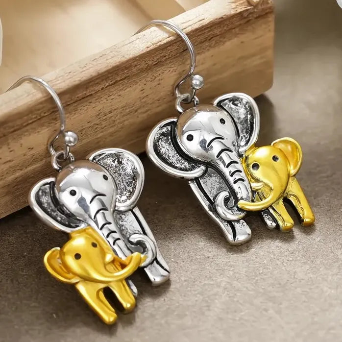 Vintage Brass Mother and Baby Elephant Dangle Earrings for Women Gift
