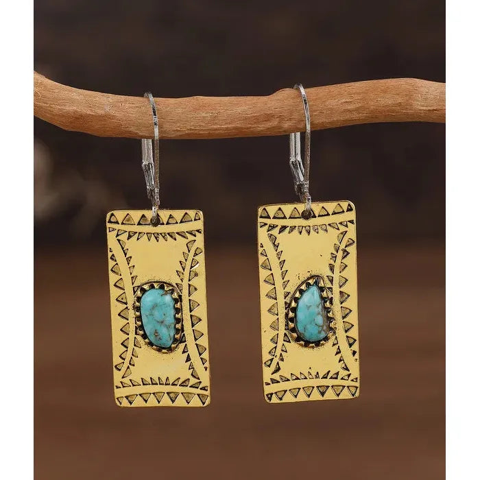 Retro Women's Blue Stone Rectangular Pendant Earrings Zinc Alloy Fashion Jewelry