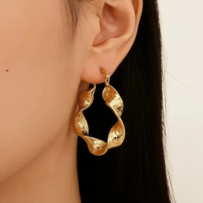 Chunky Twisted Textured Gold Hoop Earrings for Women Brass Alloy