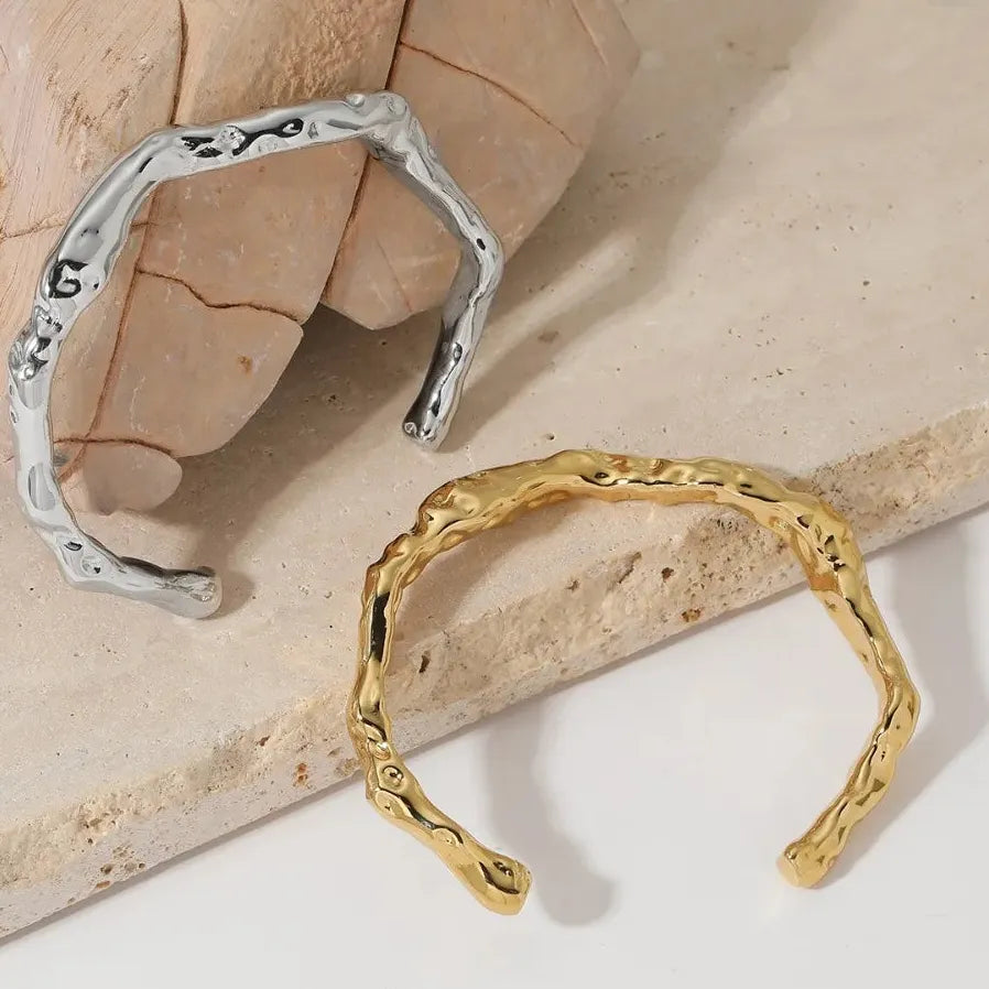 18K Gold Plated Stainless Steel Geometric Ripple Twist Open Cuff Bracelet Women