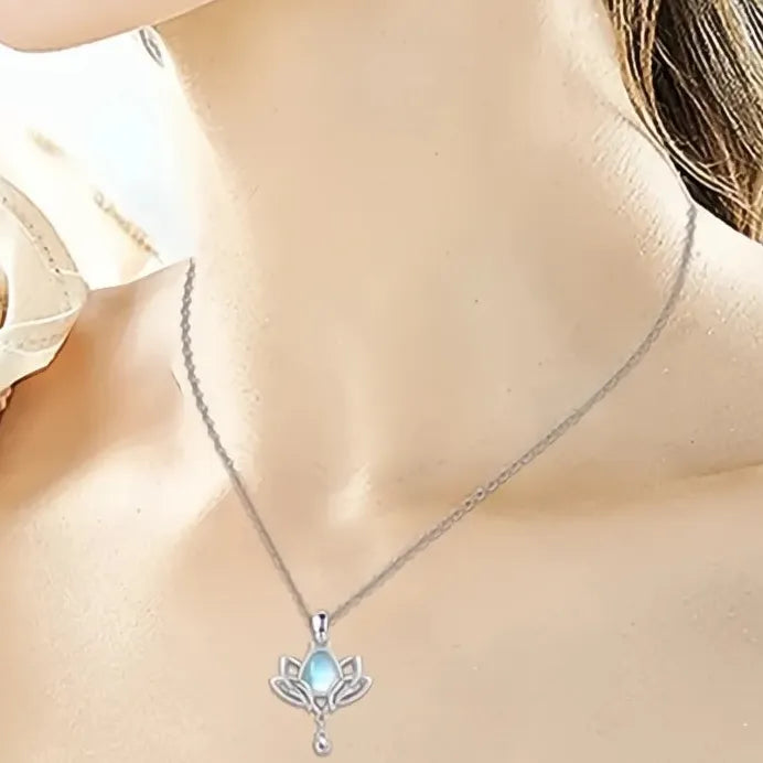 Lotus Pendant Necklace with Imitation Moonstone and Cubic Zirconia Charm