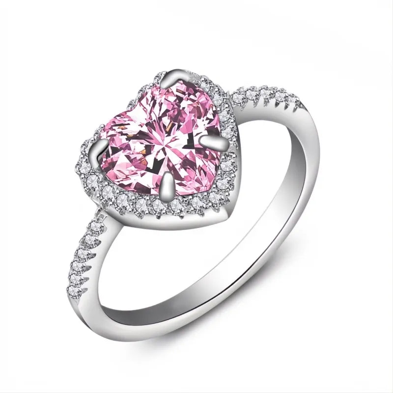 Classic Silver Heart Engagement Ring for Women Copper CZ Stone Inlay Wedding Jewelry Gift