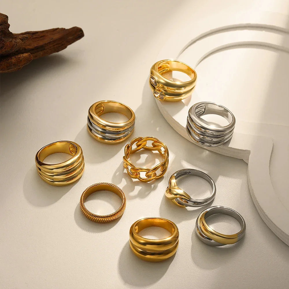 Vintage Multilayer Wide Chunky Knuckle Ring Gold Plated Stainless Steel Zircon Wedding Jewelry