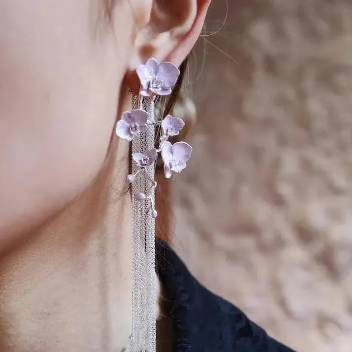 Minimalist Copper Alloy Butterfly Orchid Tassel Drop Earrings for Women Men