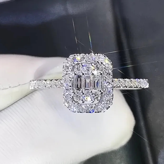 Silver Cubic Zirconia Women’s Wedding Engagement Ring Brass Geometric Design