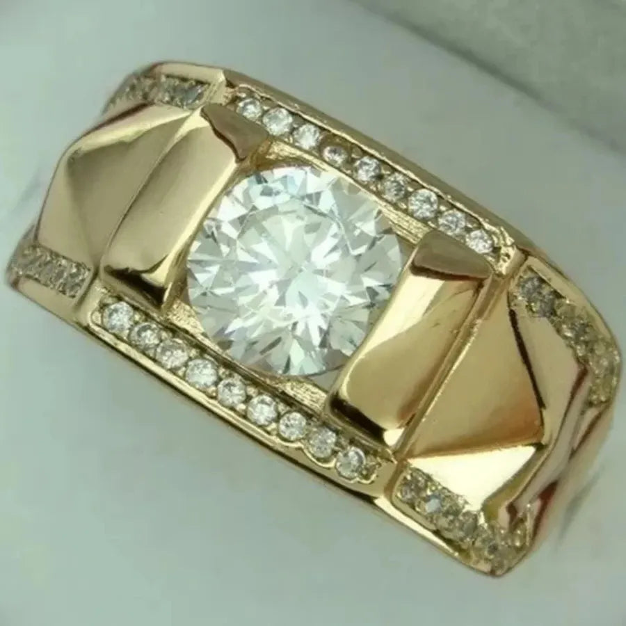 Luxury Gold Color Metal Couple Ring with Imitation Crystal Bridal Engagement Jewelry
