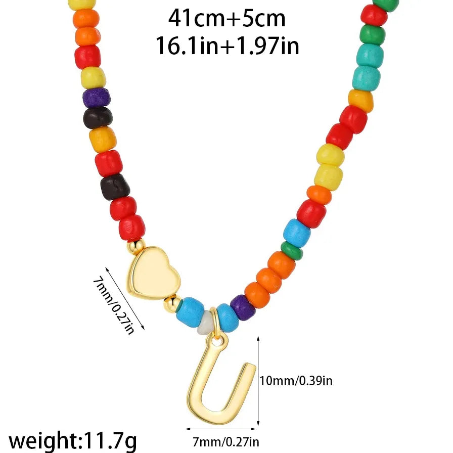 18k Gold Plated Alphabet Letter Pendant Necklace Beads Mini Heart Choker Women