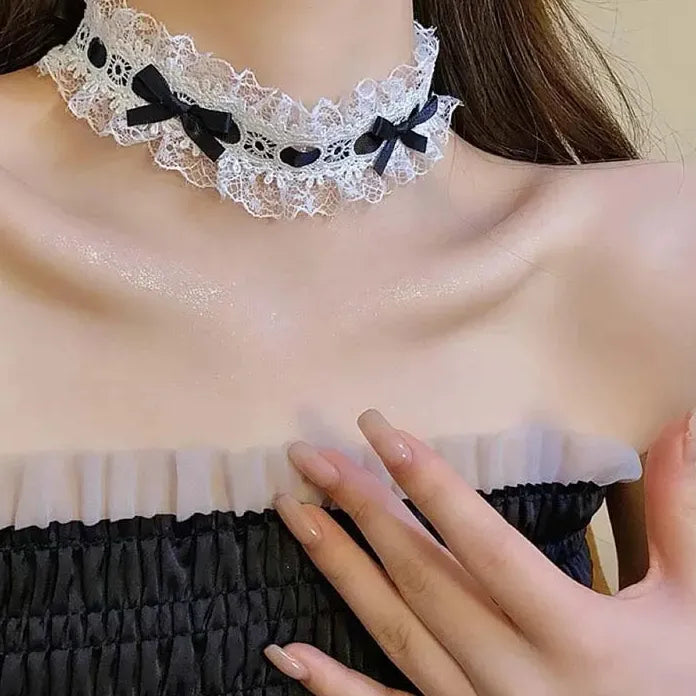 Elegant White Lace Bowknot Cotton Choker Necklace for Women Girls Jewelry