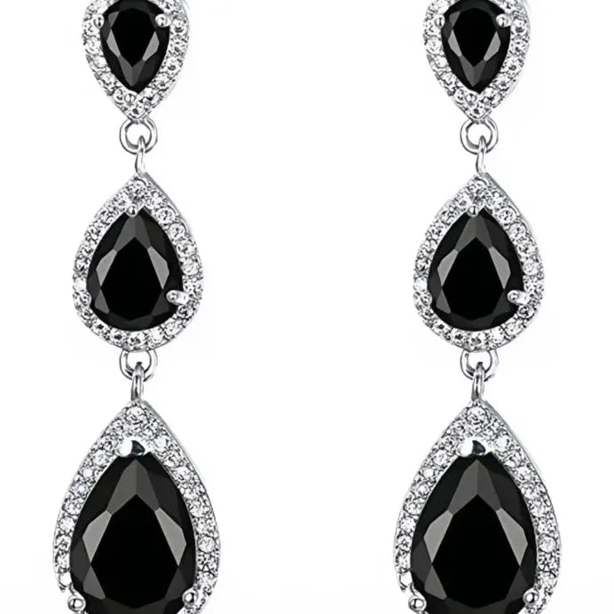Geometric Black & Blue Pear Cubic Zirconia Long Drop Earrings for Women