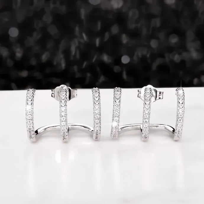 Silver Three Line Claws CZ Crystal Stud Earrings for Women Copper Alloy