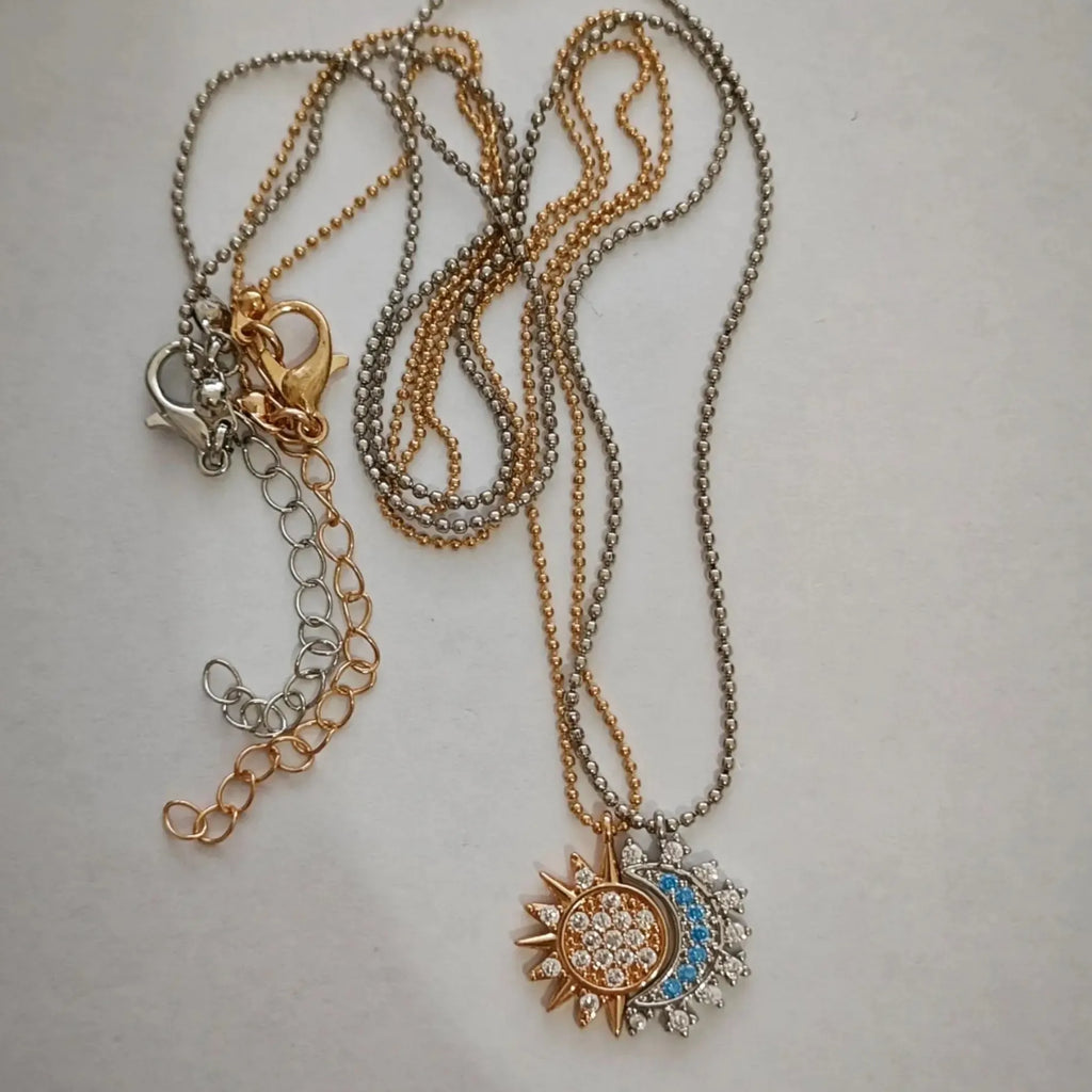 Copper Sun Moon Pendant Necklace with Rhinestones Vintage Jewelry Gift