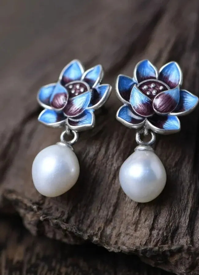 Blue Flower Pearl Stud Earrings for Women 2024 Vintage Zinc Alloy Jewelry