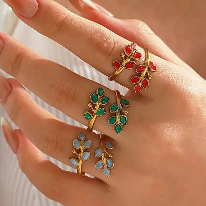 Gold Stainless Steel Leaf Cocktail Rings for Women Vintage Red Blue Green Jewelry