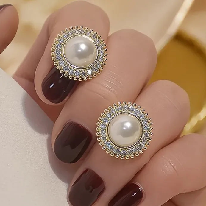 Geometric Pearl Stud Earrings with CZ Inlay for Wedding & Party Wear