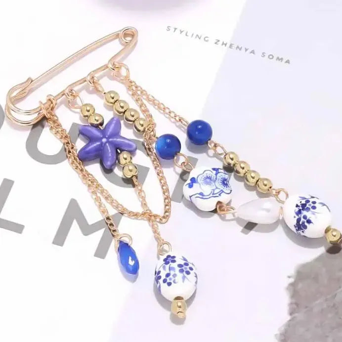 Geometric Ceramic Starfish Tassel Brooch Pin for Women Jewelry