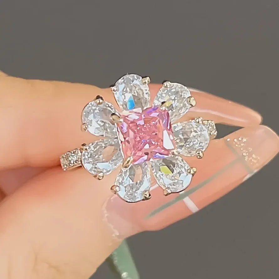 Pink Flower Cubic Zirconia Geometric Brass Ring for Women's Wedding Party