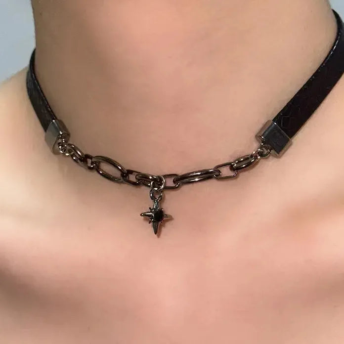 Punk Black Leather Star Collarbone Necklace Unisex Rock Hip Hop Jewelry