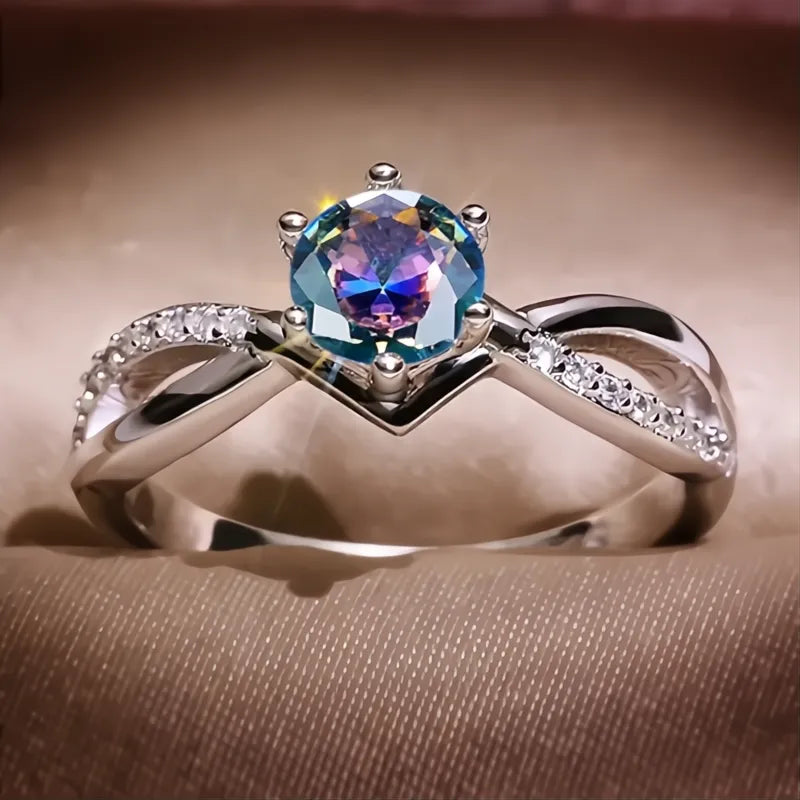 Trendy 6 Claws Cubic Zirconia Stone Ring for Women Silver Color Fashion Bridal Proposal Band