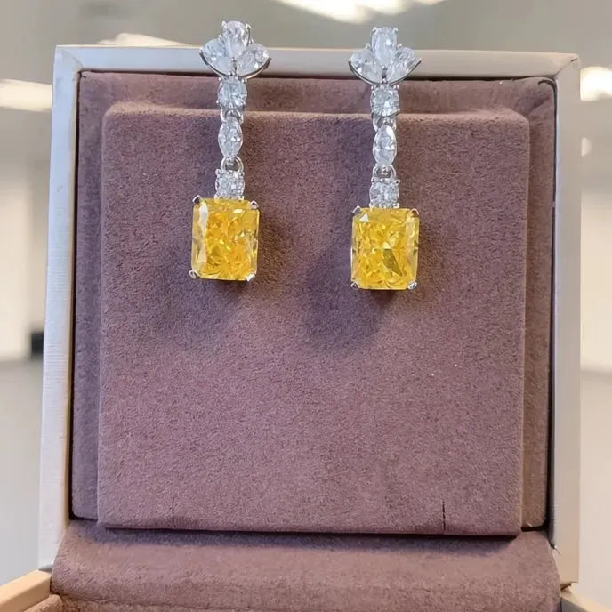 Bright Yellow Cubic Zirconia Drop Earrings for Women Wedding Party Elegant Jewelry