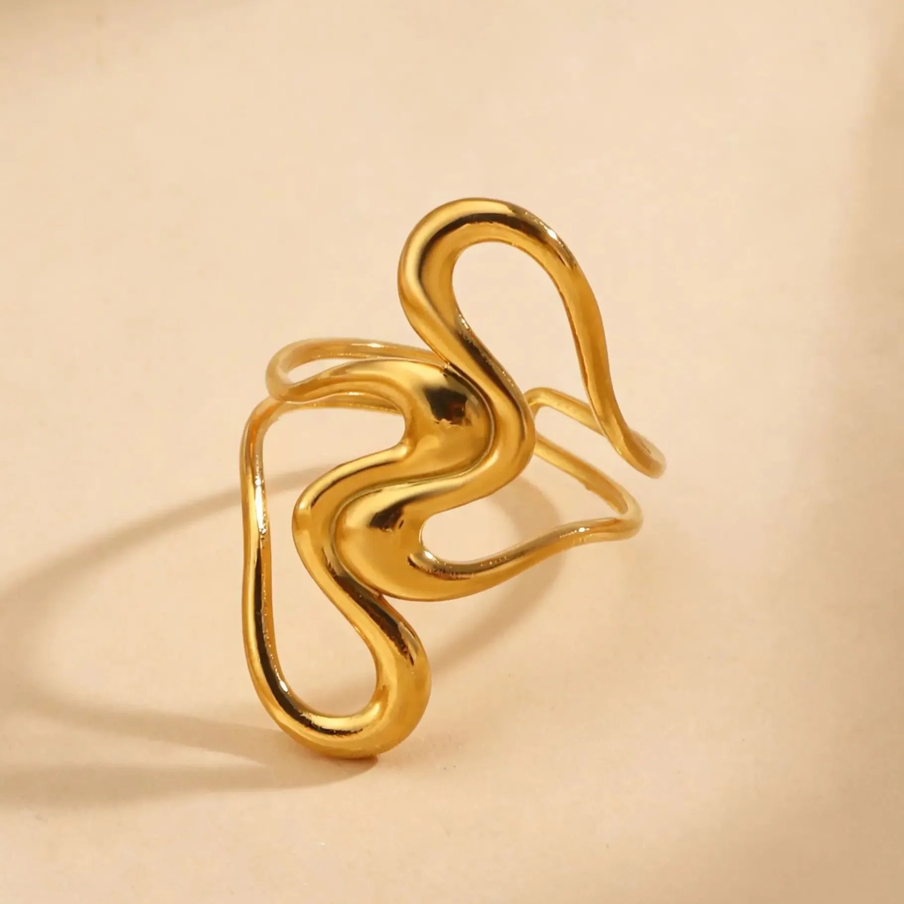 Gold Stainless Steel Irregular Hammered Open Ring Waterproof Gift for Women Men
