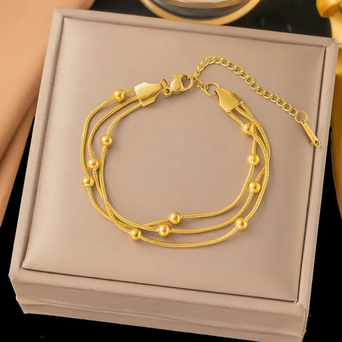 Stainless Steel Gold Beaded Round Multilayer Chain Bracelet for Women Fashion Jewelry