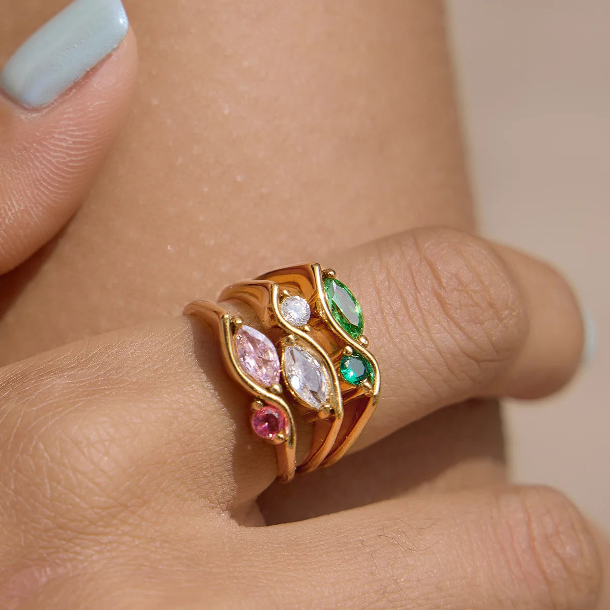 18k Gold Plated Marquise Two Stone Ring Thin Band Zircon Engagement Gift