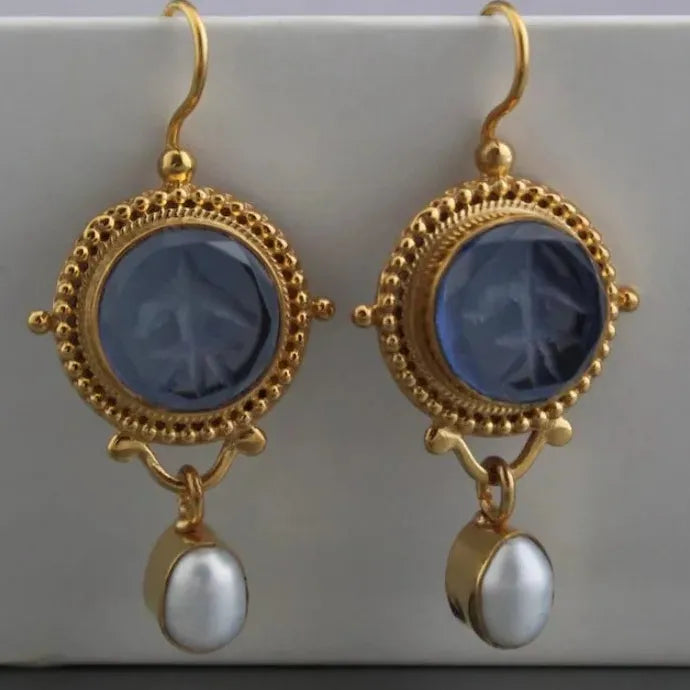 Blue Geometric Inlay Imitation Pearl Drop Earrings for Women Party Jewelry