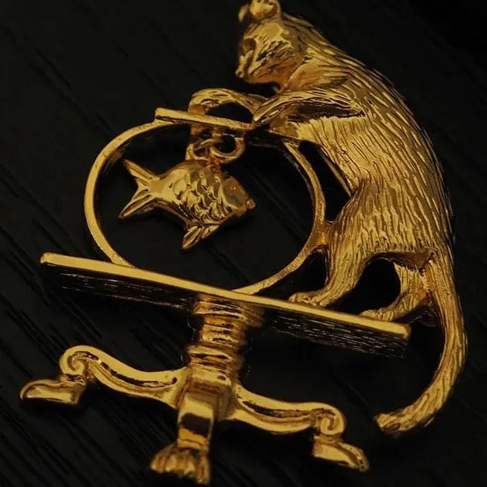 Vintage Cat Fishing Brooch Gold Plated Antique Jewelry Pin Gift for Women