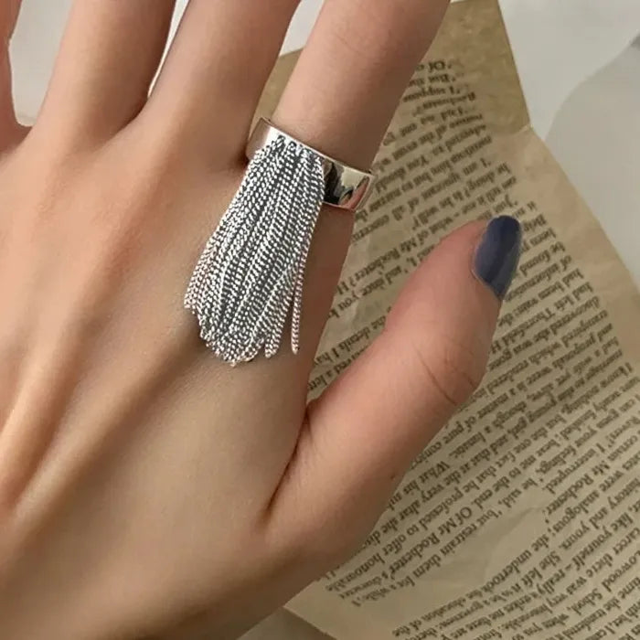 Adjustable Geometric Tassel Chain Ring for Women Stainless Steel Vintage Jewelry