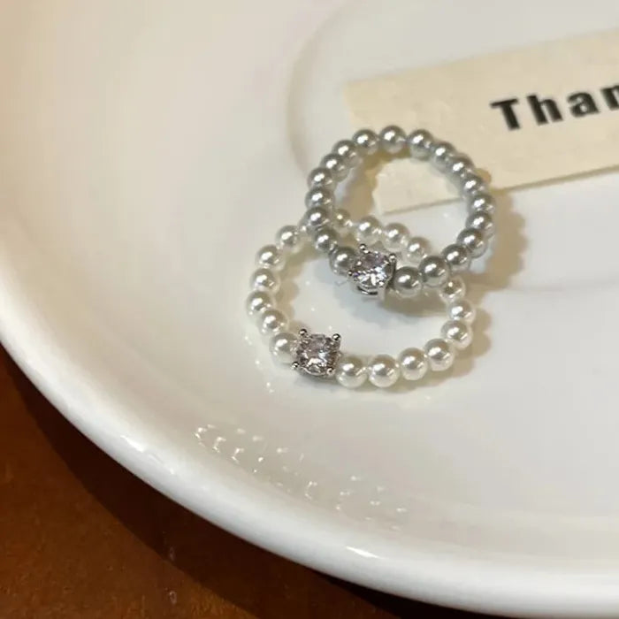 Handmade Pearl Zircon Cocktail Ring for Women Wedding Party Gift Jewelry