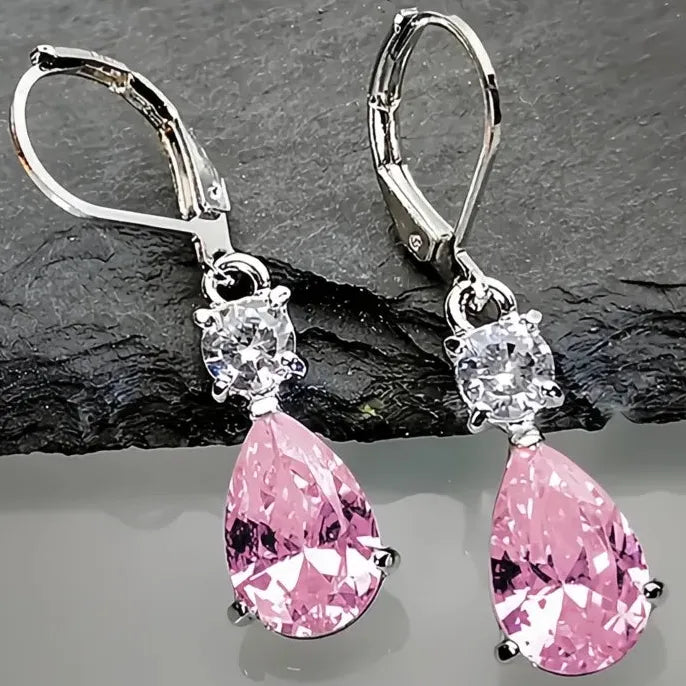 White Pink Red Waterdrop CZ Drop Earrings Elegant Wedding Party Jewelry for Women