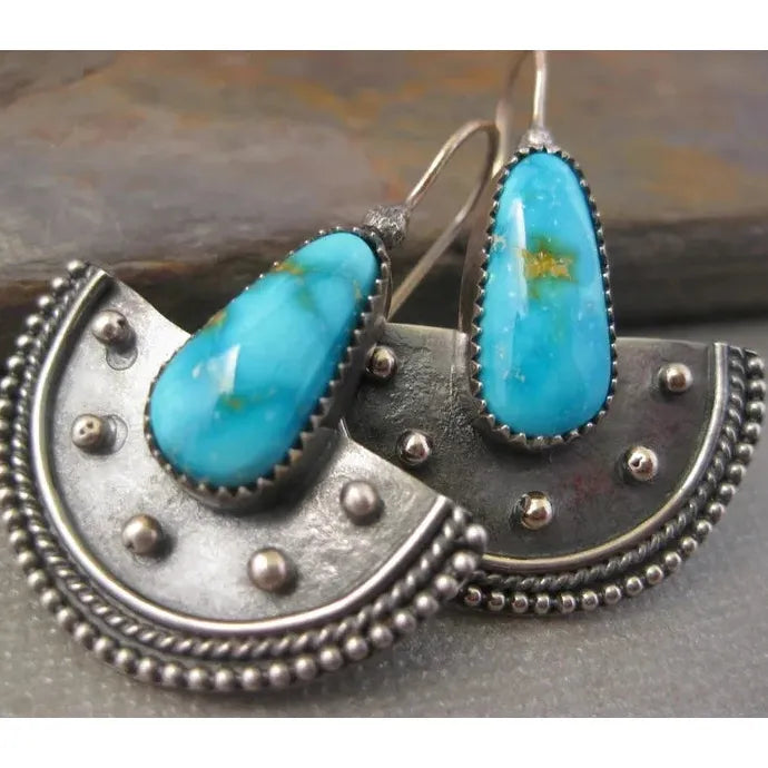 Vintage Bohemian Turquoise Stone Earrings Ethnic Fan Pendant Earhooks Gift
