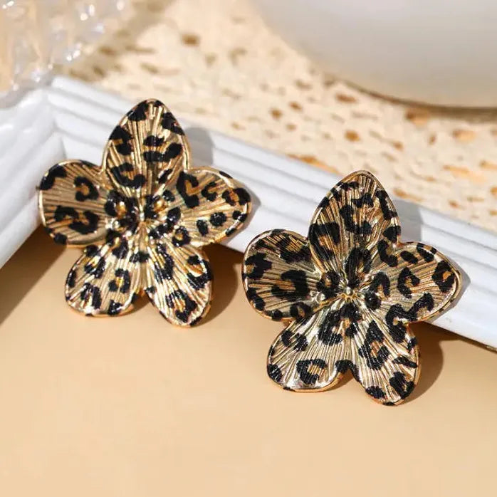 Vintage Leopard Print Geometric Flower Petal Drop Earrings for Women Jewelry