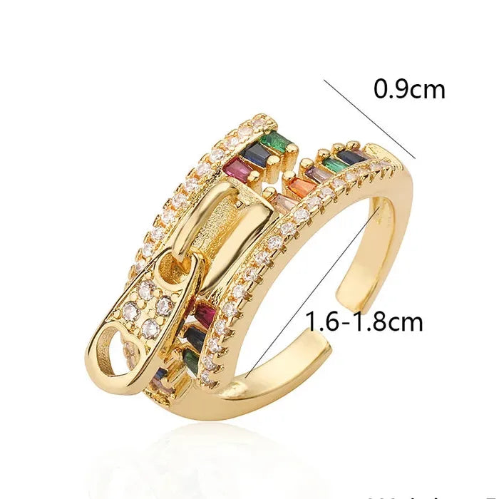 Copper Metal Zipper Open Ring Featuring Zircon Crystal for Women Personality