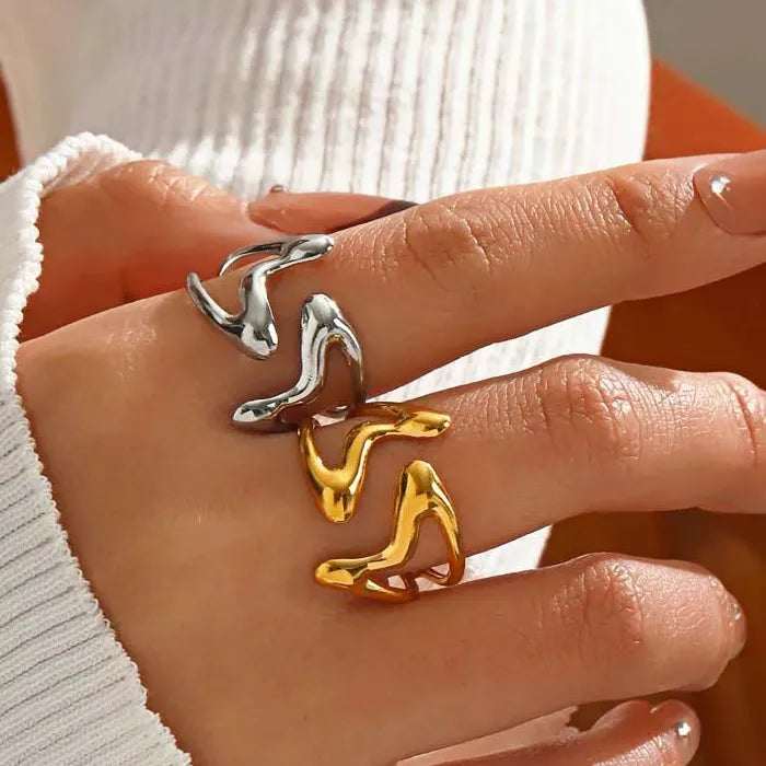 Wide Stainless Steel Geometric Ring for Women Gold Tone Jewelry Gift