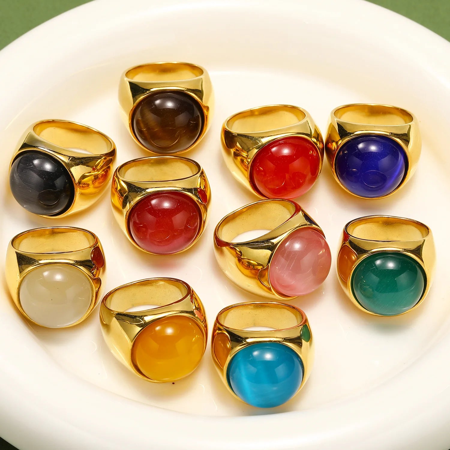 18K Gold Plated Stainless Steel Opal Cat's Eye Chunky Knuckle Ring Vintage Multicolor