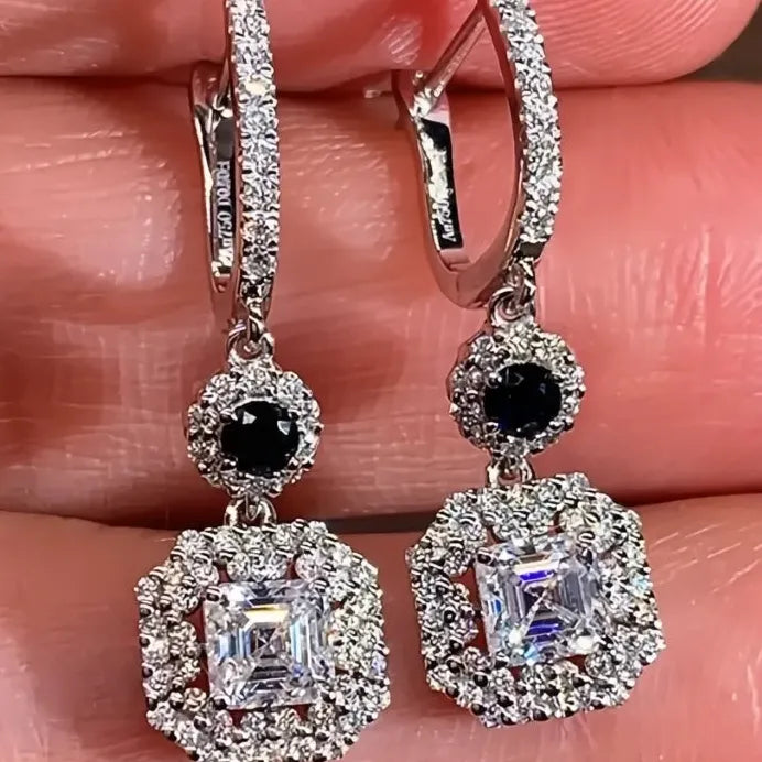 Geometric Drop Earrings for Women with Cubic Zirconia Black White