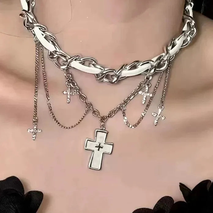 Adjustable Y2K White Zircon Cross Rivet Star Tassel Leather Choker Necklace